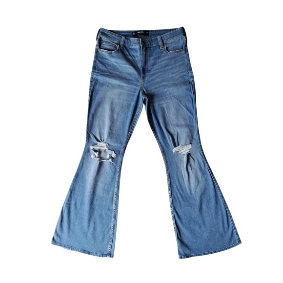 Hollister Denim - Hollister High-Rise Flare Jeans Medium Wash Distressed Ripped Knee 12R W31R